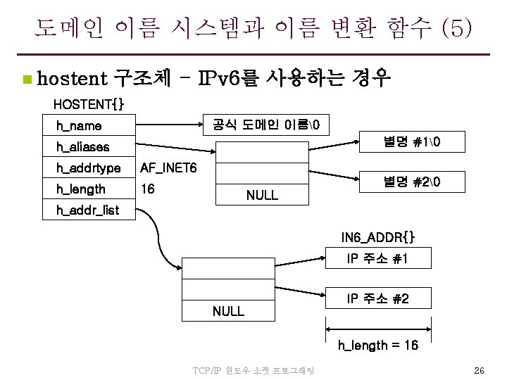 도메인 이름 시스템과 이름 변환 함수 (5) n hostent 구조체 - IPv 6를 사용하는