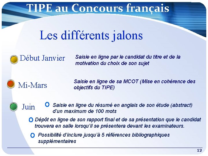 TIPE au Concours français Les différents jalons Début Janvier Mi-Mars Juin Saisie en ligne