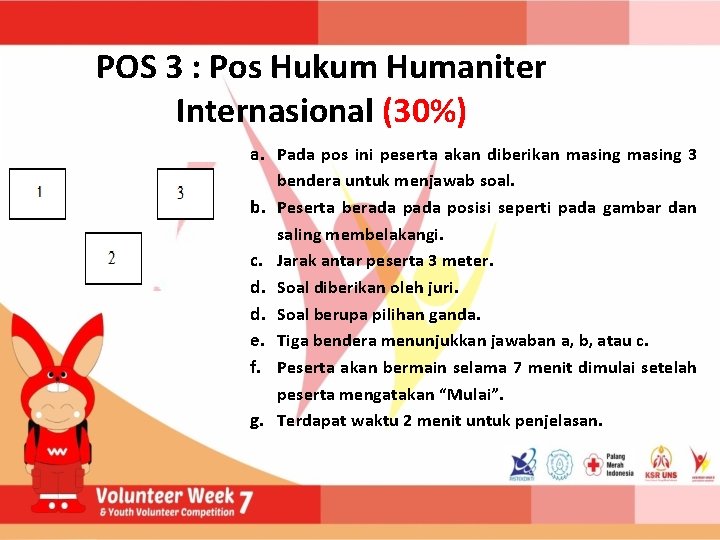 POS 3 : Pos Hukum Humaniter Internasional (30%) a. Pada pos ini peserta akan
