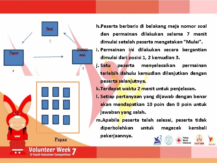 h. Peserta berbaris di belakang meja nomor soal dan permainan dilakukan selama 7 menit