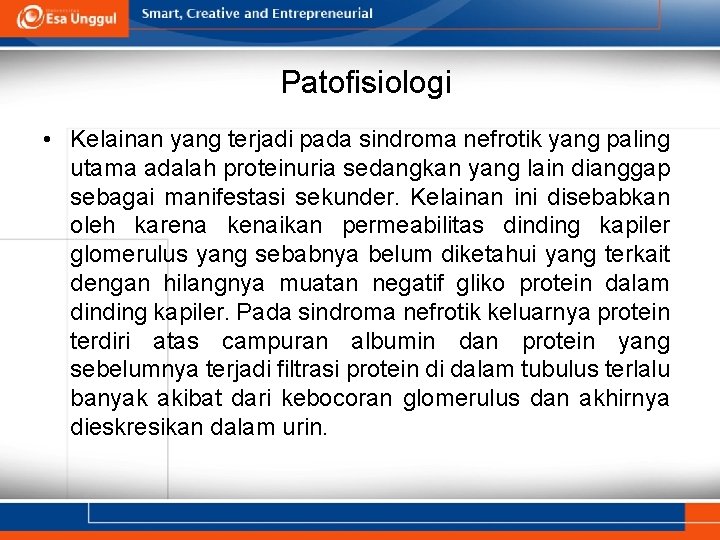 Patofisiologi • Kelainan yang terjadi pada sindroma nefrotik yang paling utama adalah proteinuria sedangkan