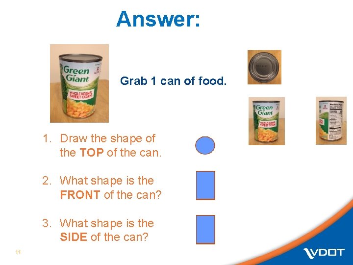 Answer: Grab 1 can of food. 1. Draw the shape of the TOP of Answer: Grab 1 can of food. 1. Draw the shape of the TOP of