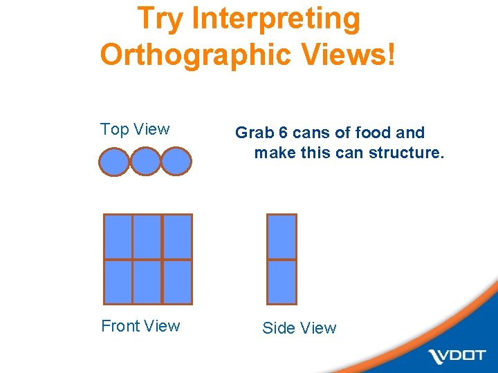Try Interpreting Orthographic Views! Top View Front View Grab 6 cans of food and Try Interpreting Orthographic Views! Top View Front View Grab 6 cans of food and