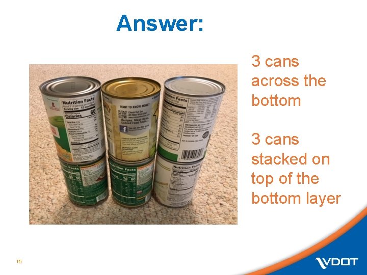 Answer: 3 cans across the bottom 3 cans stacked on top of the bottom Answer: 3 cans across the bottom 3 cans stacked on top of the bottom