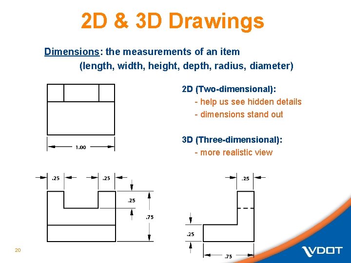 2 D & 3 D Drawings Dimensions: the measurements of an item (length, width, 2 D & 3 D Drawings Dimensions: the measurements of an item (length, width,