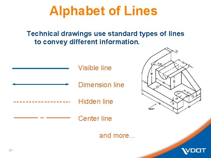 Alphabet of Lines Technical drawings use standard types of lines to convey different information. Alphabet of Lines Technical drawings use standard types of lines to convey different information.