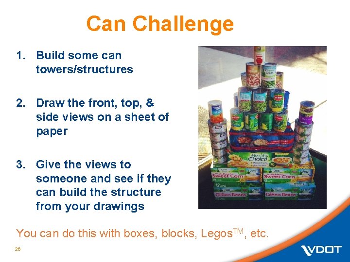Can Challenge 1. Build some can towers/structures 2. Draw the front, top, & side Can Challenge 1. Build some can towers/structures 2. Draw the front, top, & side