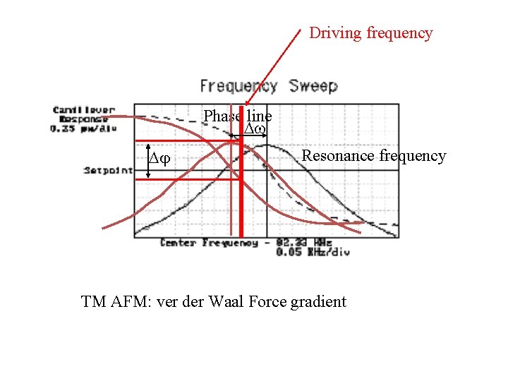 Driving frequency Phase line Resonance frequency TM AFM: ver der Waal Force gradient 