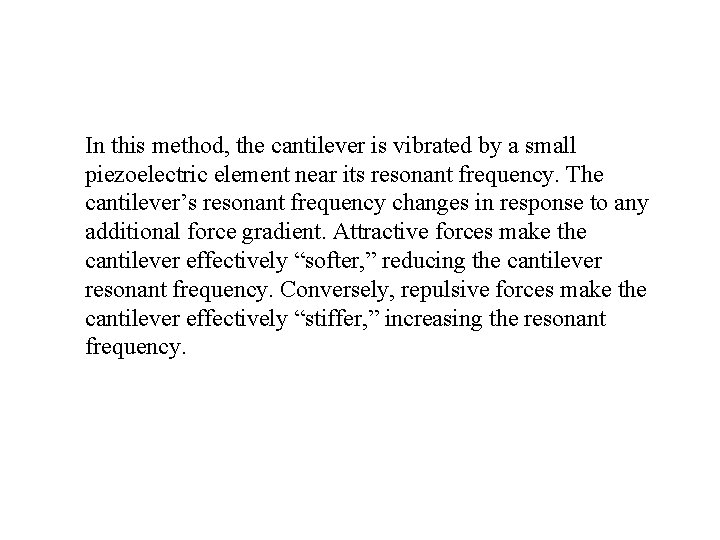 In this method, the cantilever is vibrated by a small piezoelectric element near its