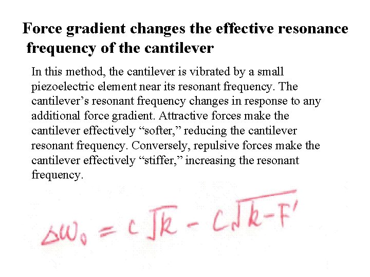 Force gradient changes the effective resonance frequency of the cantilever In this method, the