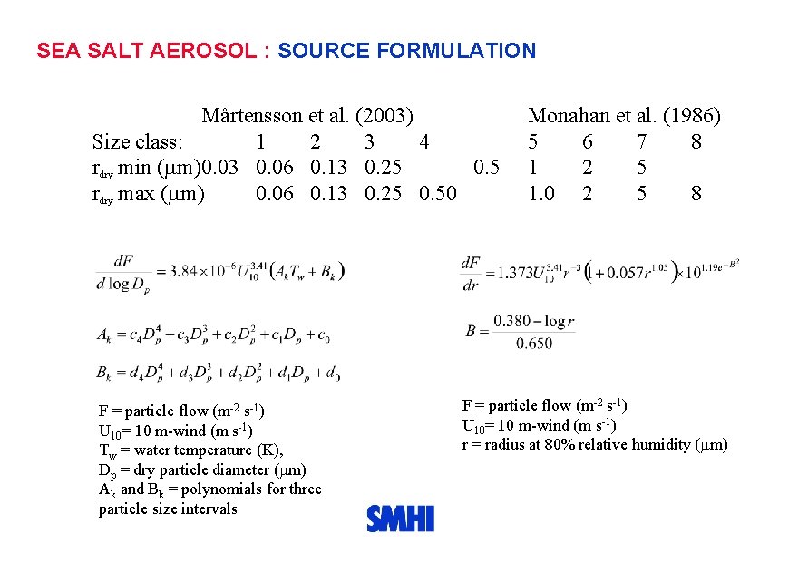 SEA SALT AEROSOL : SOURCE FORMULATION Mårtensson et al. (2003) Size class: 1 2