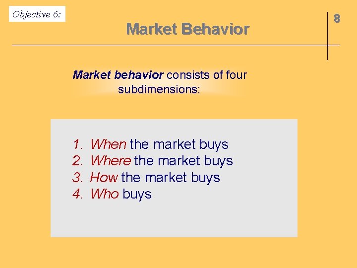 Objective 6: Market Behavior Market behavior consists of four subdimensions: 1. 2. 3. 4.