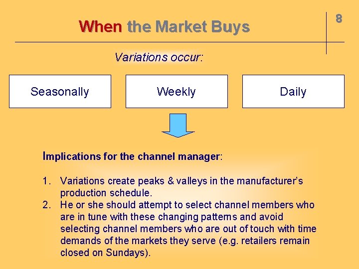 8 When the Market Buys Variations occur: Seasonally Weekly Daily Implications for the channel