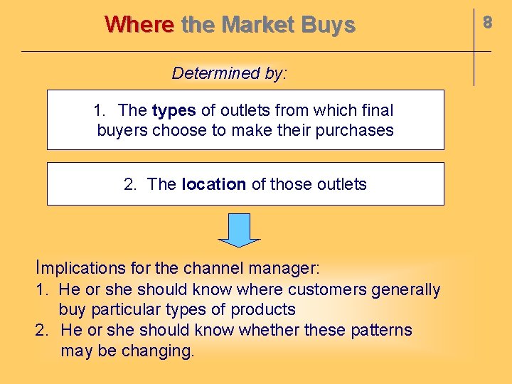 Where the Market Buys Determined by: 1. The types of outlets from which final