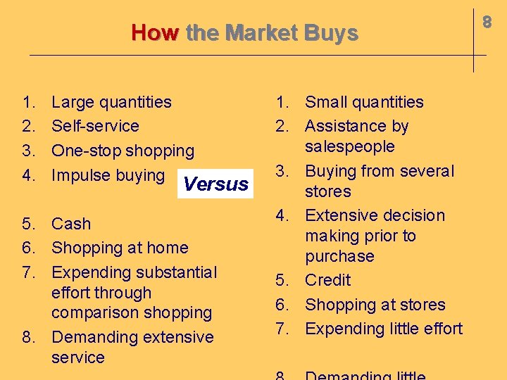 How the Market Buys 1. 2. 3. 4. Large quantities Self-service One-stop shopping Impulse