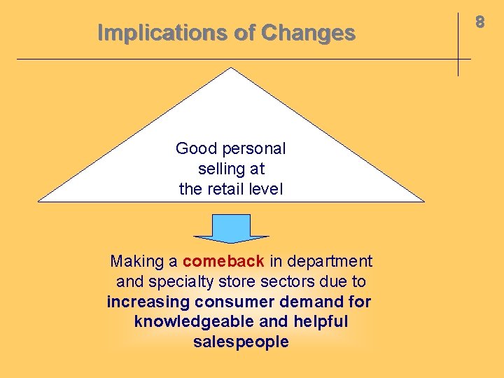 Implications of Changes Good personal selling at the retail level Making a comeback in