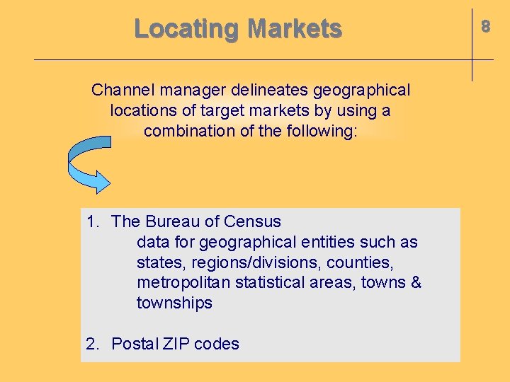 Locating Markets Channel manager delineates geographical locations of target markets by using a combination