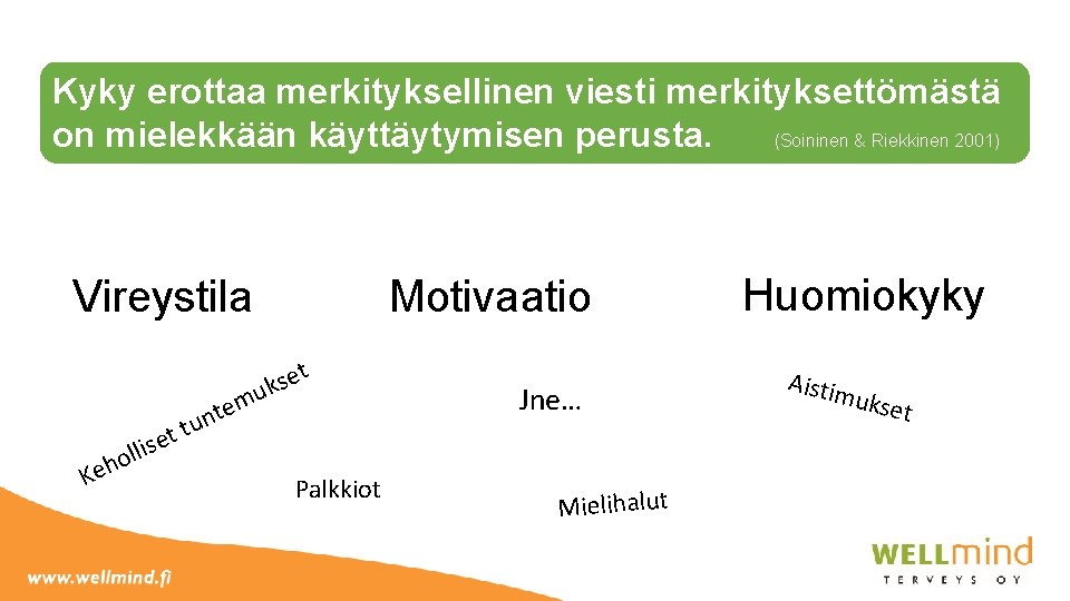 Kyky erottaa merkityksellinen viesti merkityksettömästä on mielekkään käyttäytymisen perusta. (Soininen & Riekkinen 2001) Vireystila