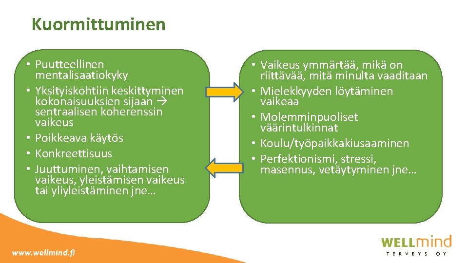 Kuormittuminen • Puutteellinen mentalisaatiokyky • Yksityiskohtiin keskittyminen kokonaisuuksien sijaan sentraalisen koherenssin vaikeus • Poikkeava