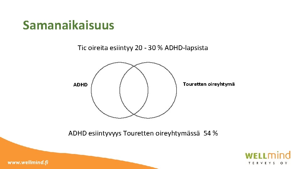 Samanaikaisuus Tic oireita esiintyy 20 - 30 % ADHD-lapsista ADHD Touretten oireyhtymä ADHD esiintyvyys