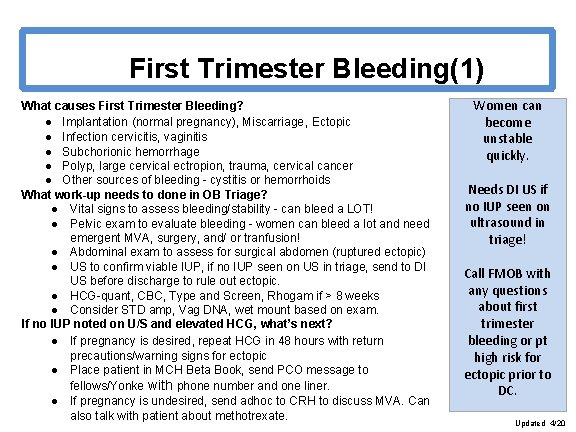 First Trimester Bleeding(1) What causes First Trimester Bleeding? ● Implantation (normal pregnancy), Miscarriage, Ectopic