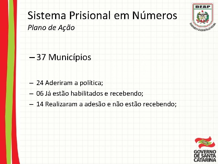 Sistema Prisional em Números Plano de Ação – 37 Municípios – 24 Aderiram a