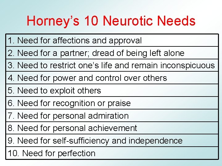 Horney’s 10 Neurotic Needs 1. Need for affections and approval 2. Need for a