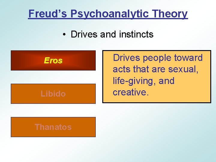 Freud’s Psychoanalytic Theory • Drives and instincts Eros Libido Thanatos Drives people toward acts