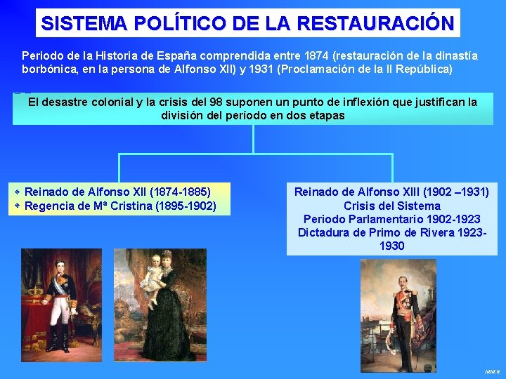 SISTEMA POLÍTICO DE LA RESTAURACIÓN Periodo de la Historia de España comprendida entre 1874