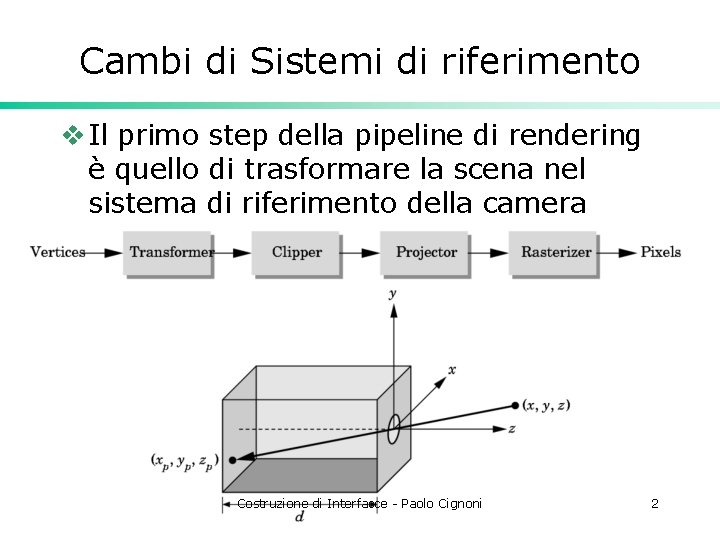 Cambi di Sistemi di riferimento v Il primo step della pipeline di rendering è