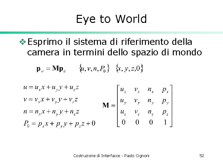Eye to World v Esprimo il sistema di riferimento della camera in termini dello