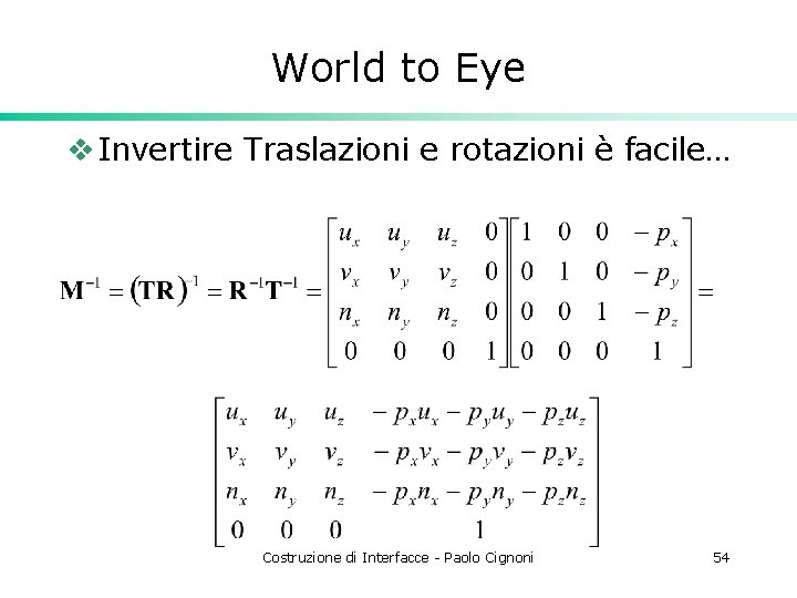 World to Eye v Invertire Traslazioni e rotazioni è facile… Costruzione di Interfacce -