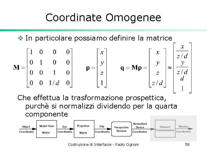 Coordinate Omogenee v In particolare possiamo definire la matrice Che effettua la trasformazione prospettica,