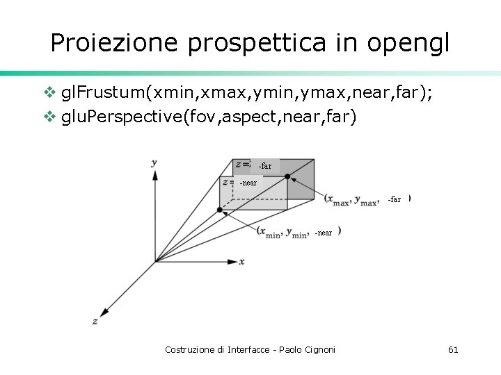 Proiezione prospettica in opengl v gl. Frustum(xmin, xmax, ymin, ymax, near, far); v glu.