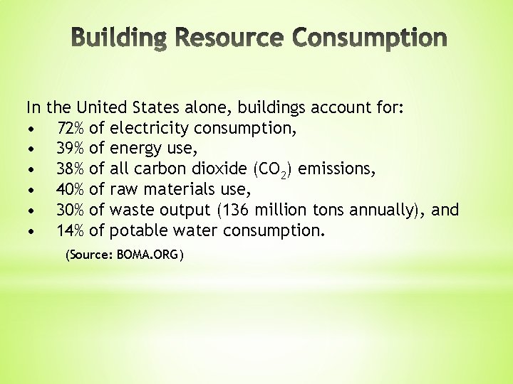 In the United States alone, buildings account for: • 72% of electricity consumption, •
