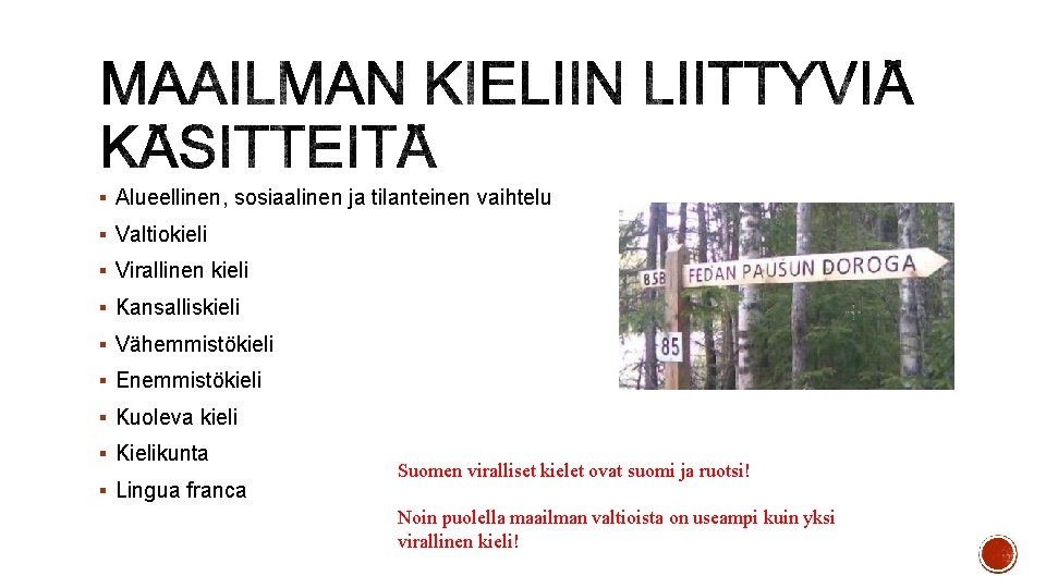 § Alueellinen, sosiaalinen ja tilanteinen vaihtelu § Valtiokieli § Virallinen kieli § Kansalliskieli §