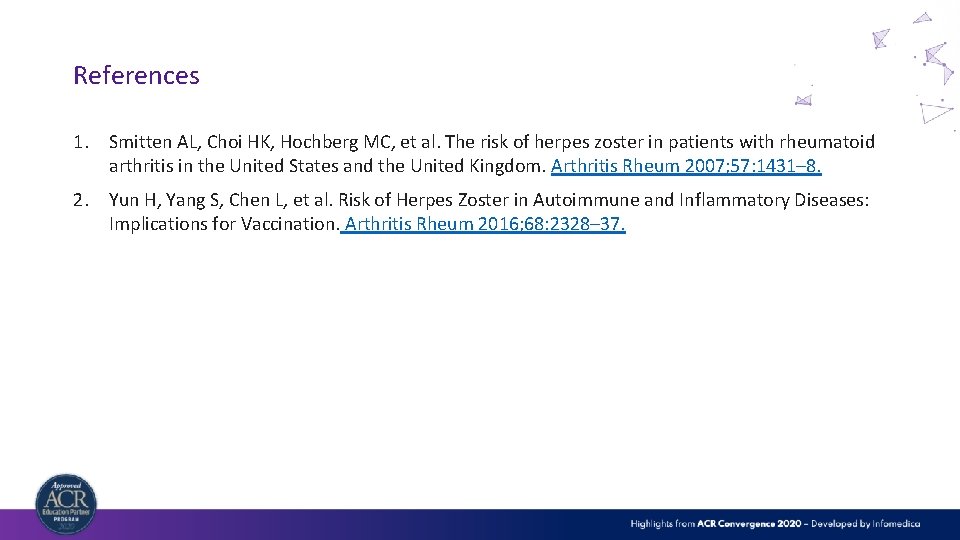References 1. Smitten AL, Choi HK, Hochberg MC, et al. The risk of herpes
