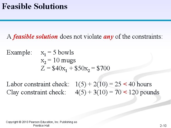 Feasible Solutions A feasible solution does not violate any of the constraints: Example: x