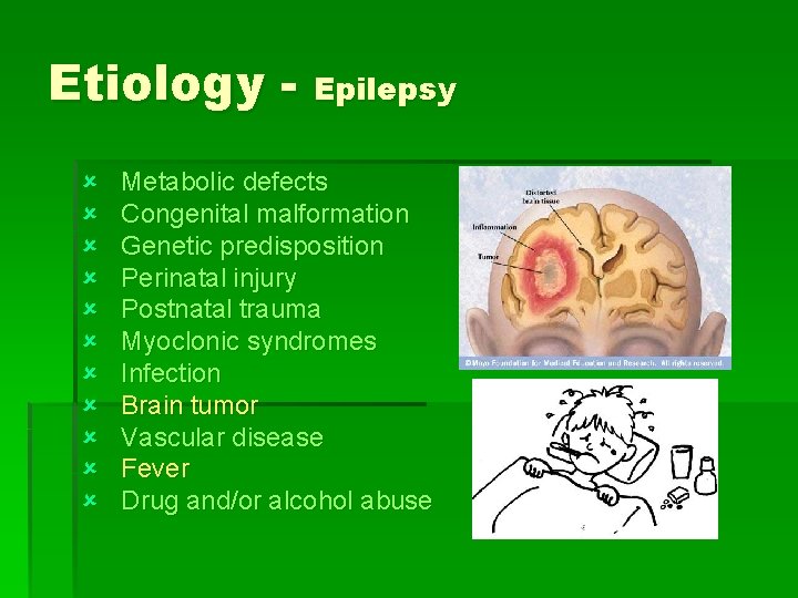 Etiology - Epilepsy û û û Metabolic defects Congenital malformation Genetic predisposition Perinatal injury