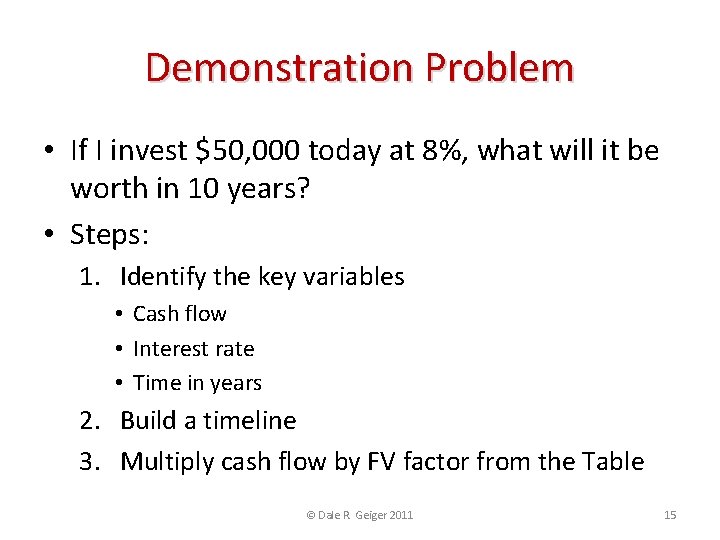 Demonstration Problem • If I invest $50, 000 today at 8%, what will it