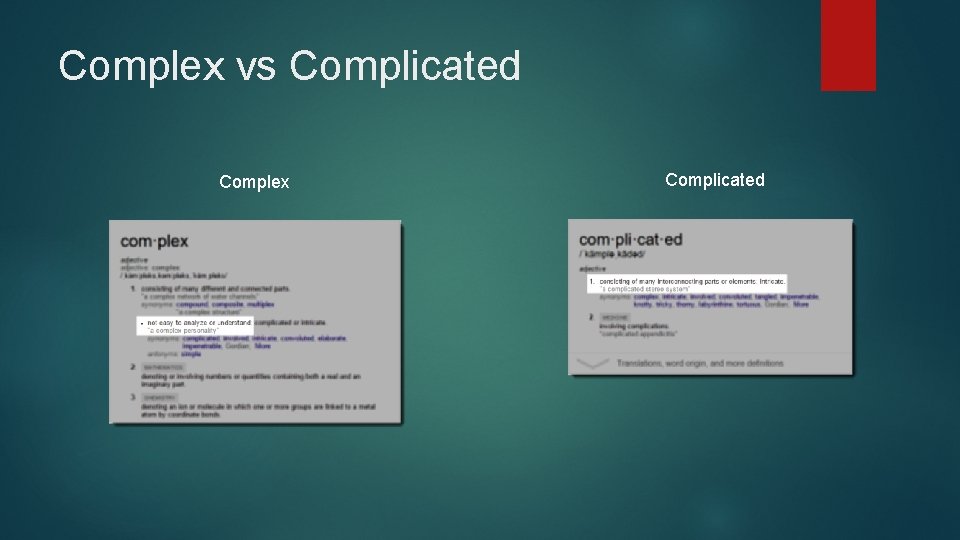 Complex vs Complicated Complex Complicated 