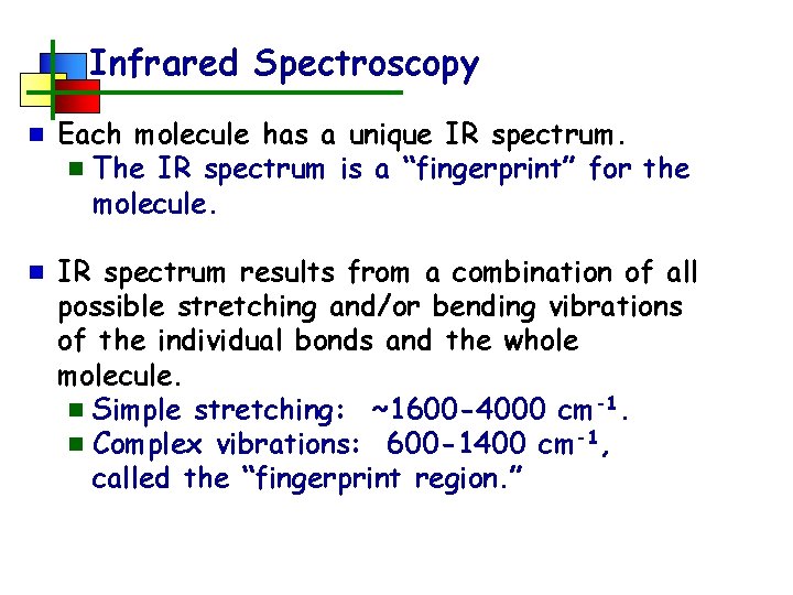 Infrared Spectroscopy n Each molecule has a unique IR spectrum. n The IR spectrum