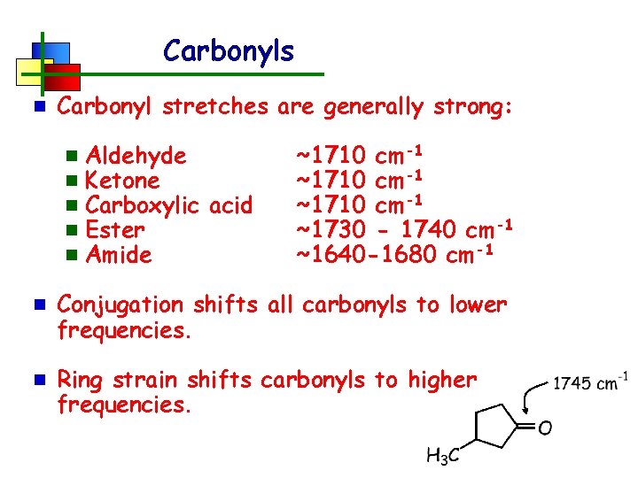Carbonyls n Carbonyl stretches are generally strong: n n n Aldehyde Ketone Carboxylic acid