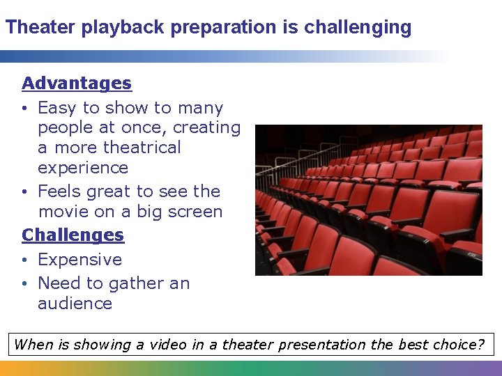 Theater playback preparation is challenging Advantages • Easy to show to many people at Theater playback preparation is challenging Advantages • Easy to show to many people at