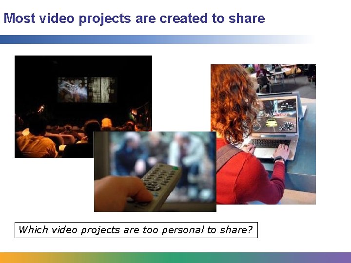 Most video projects are created to share Which video projects are too personal to Most video projects are created to share Which video projects are too personal to