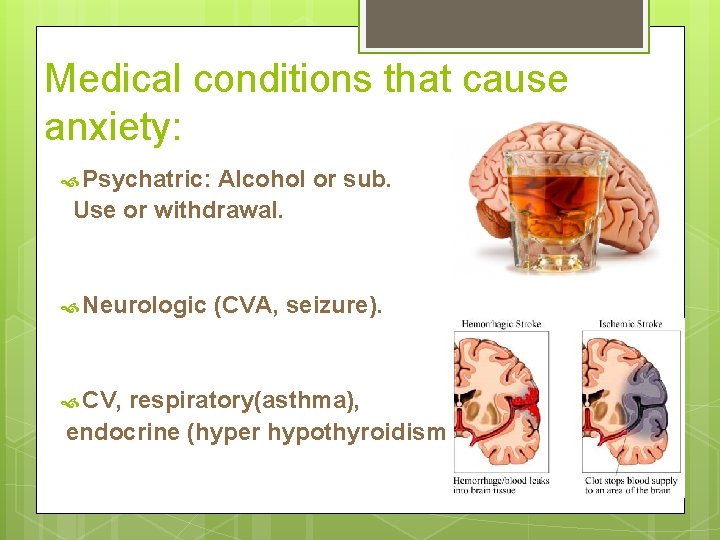 Medical conditions that cause anxiety: Psychatric: Alcohol or sub. Use or withdrawal. Neurologic CV,
