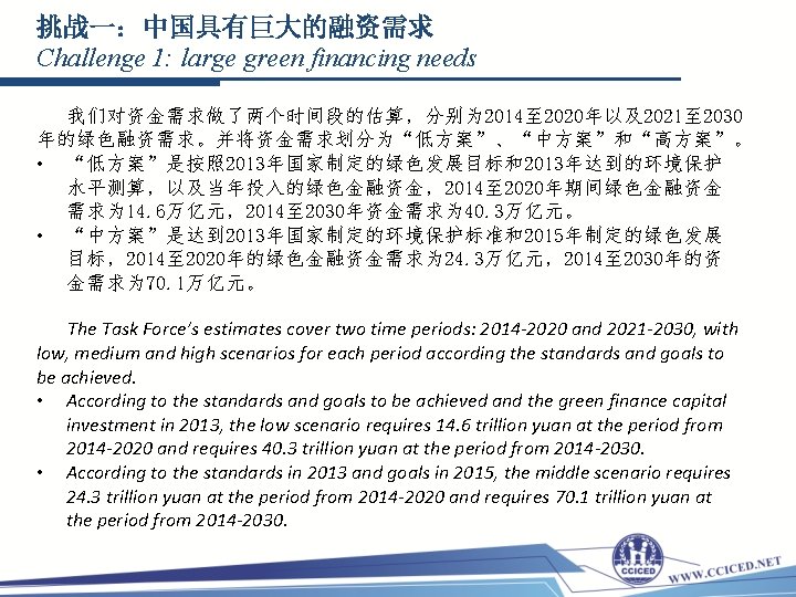 挑战一：中国具有巨大的融资需求 Challenge 1: large green financing needs 我们对资金需求做了两个时间段的估算，分别为 2014至 2020年以及2021至 2030 年的绿色融资需求。并将资金需求划分为“低方案”、“中方案”和“高方案”。 • “低方案”是按照
