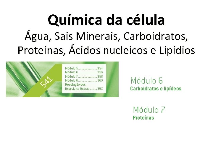 Química da célula Água, Sais Minerais, Carboidratos, Proteínas, Ácidos nucleicos e Lipídios 