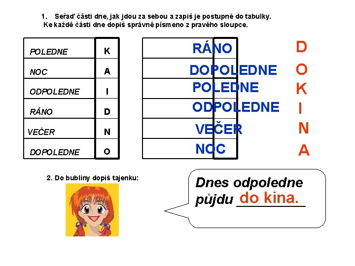 1. Seřaď části dne, jak jdou za sebou a zapiš je postupně do tabulky.