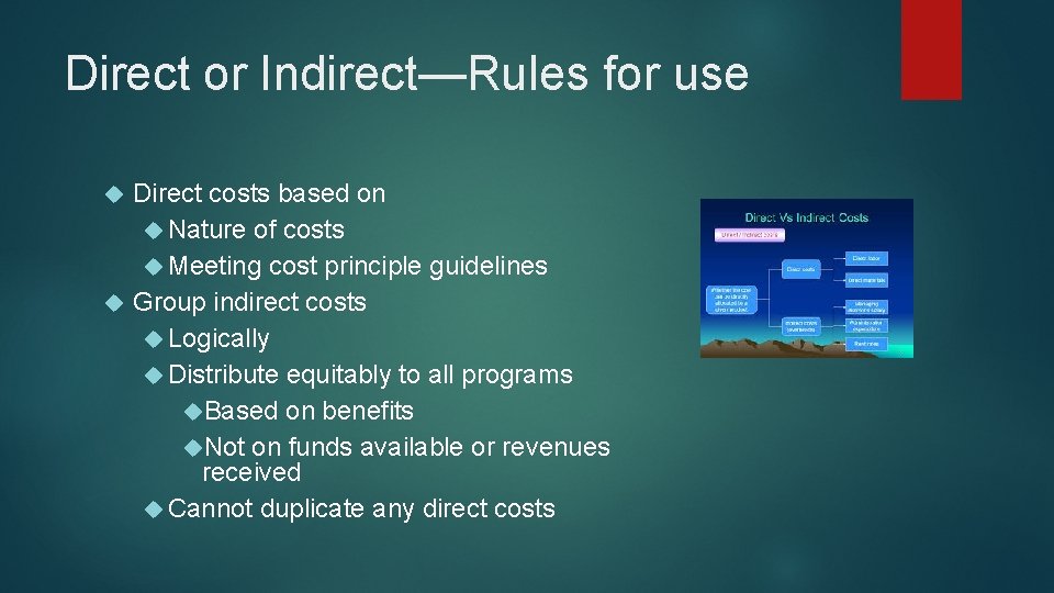 Direct or Indirect—Rules for use Direct costs based on Nature of costs Meeting cost